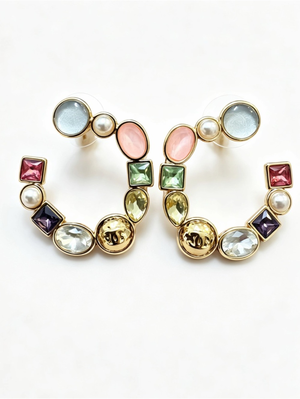 Elegant Gold-Tone Multicolor Crystal Hoop Earrings with Pearls